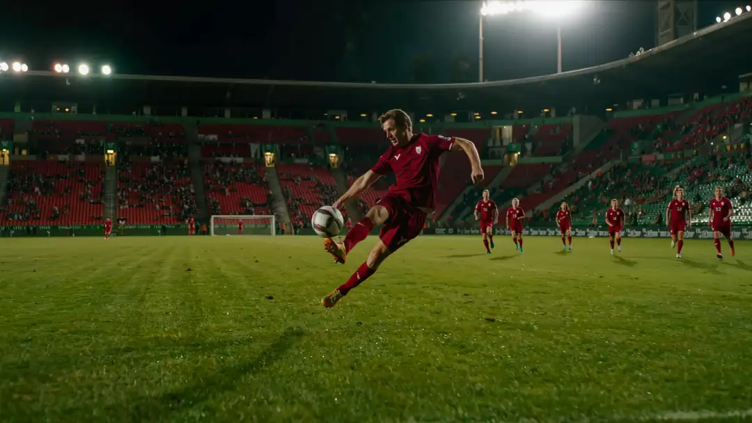 Winger in deep red whipping a cross from the byline under night floodlights