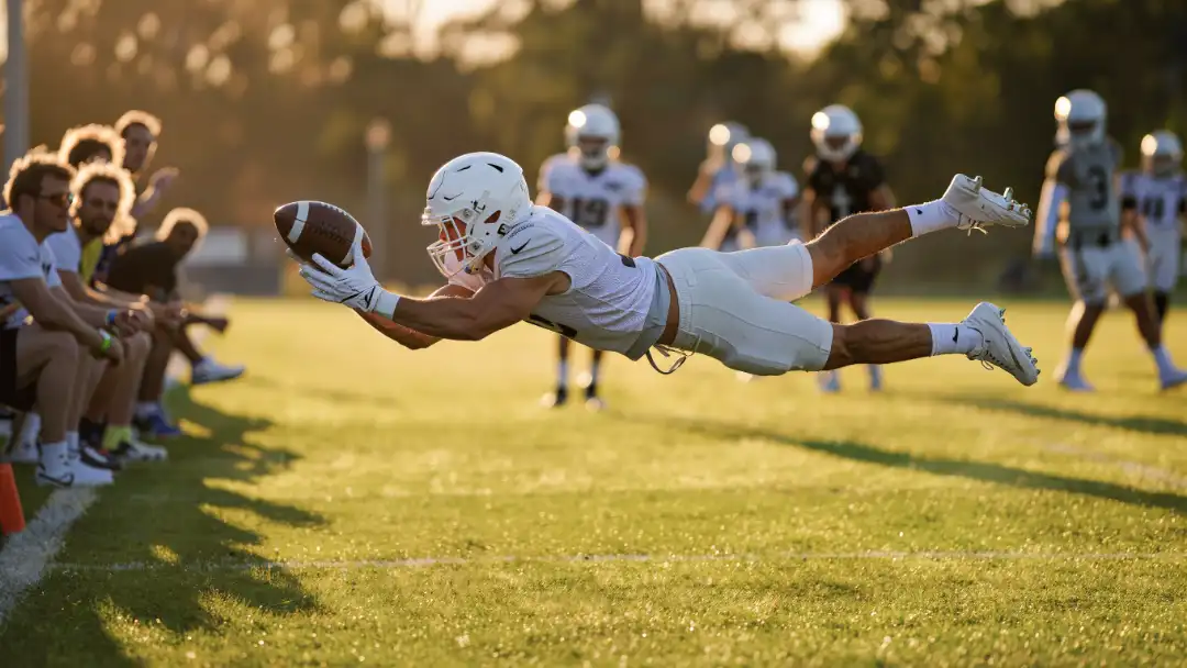 rookie receiver making a leaping catch at training camp