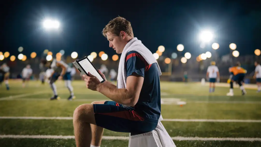 Young quarterback studying a playbook tablet alone on the sideline bench at night
