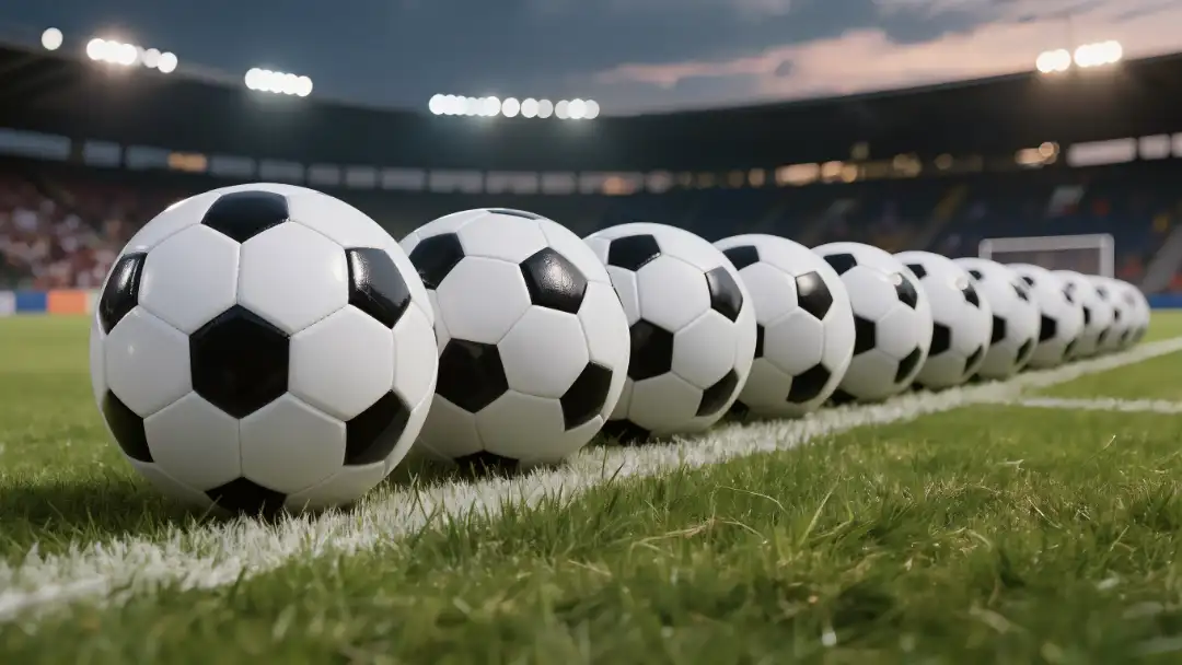 Long row of white soccer balls lined up along a touchline