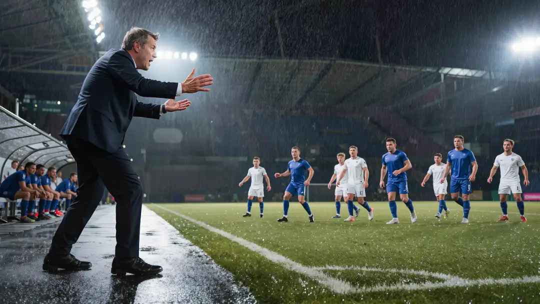 Coach gesturing on the touchline as his team shifts defensive shape on a rain-slicked pitch