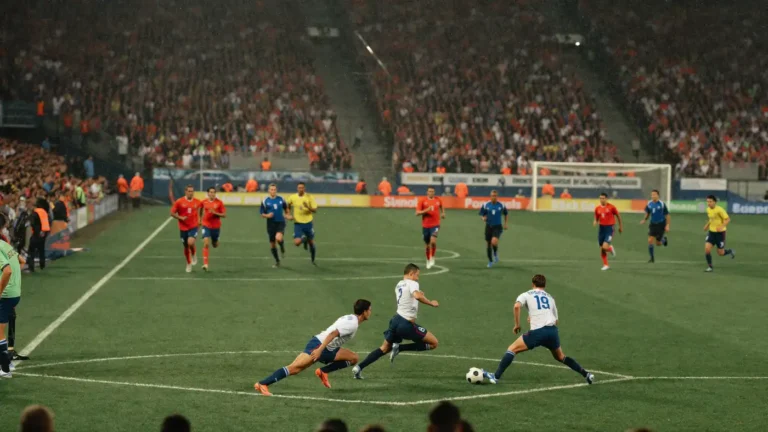 Three attackers pressing a defender on the ball at night in a packed World Cup stadium