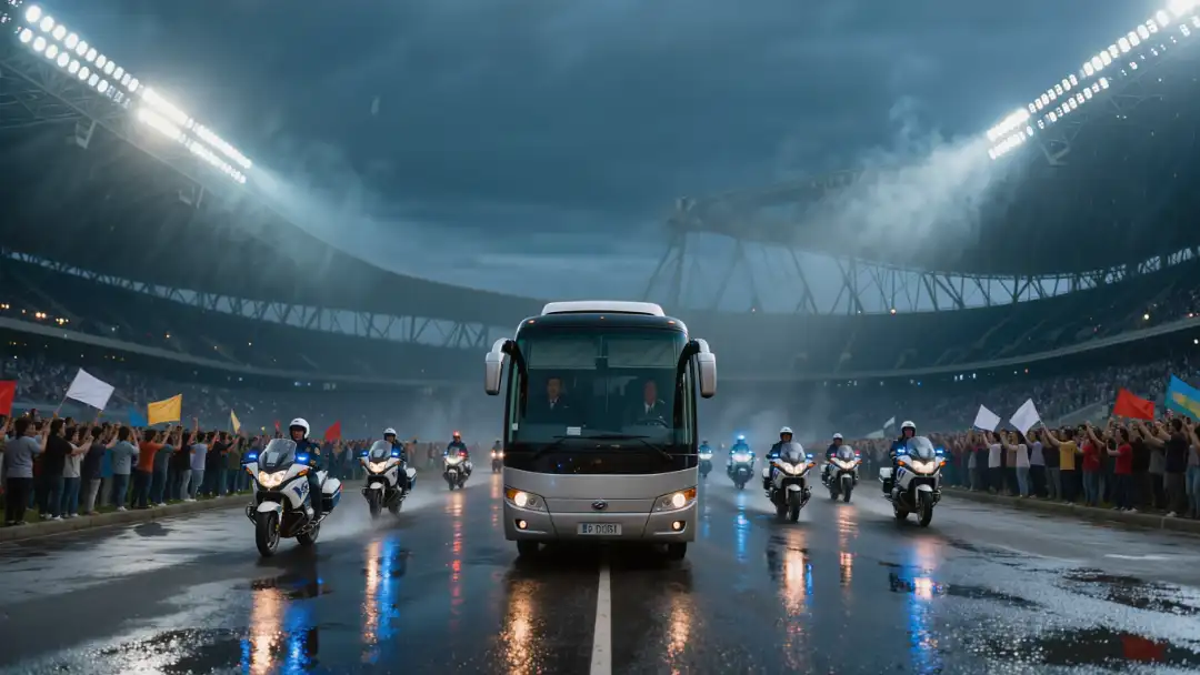 team bus arriving at a floodlit stadium at blue hour