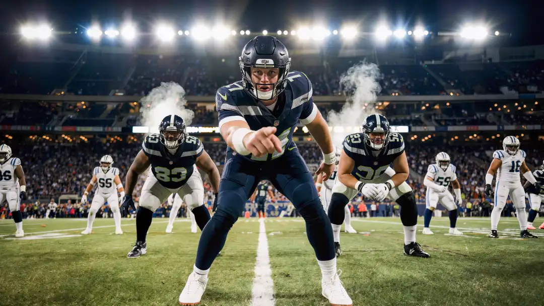 A quarterback at the line of scrimmage scans two deep safeties before the snap under night floodlights