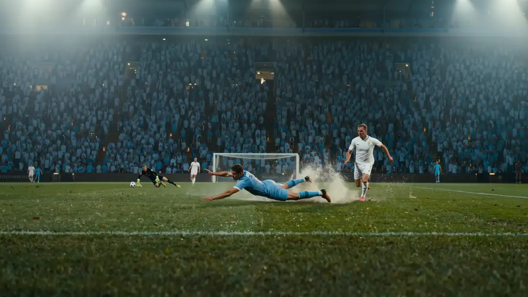 Defender in sky blue making a last ditch sliding block in front of a roaring stand