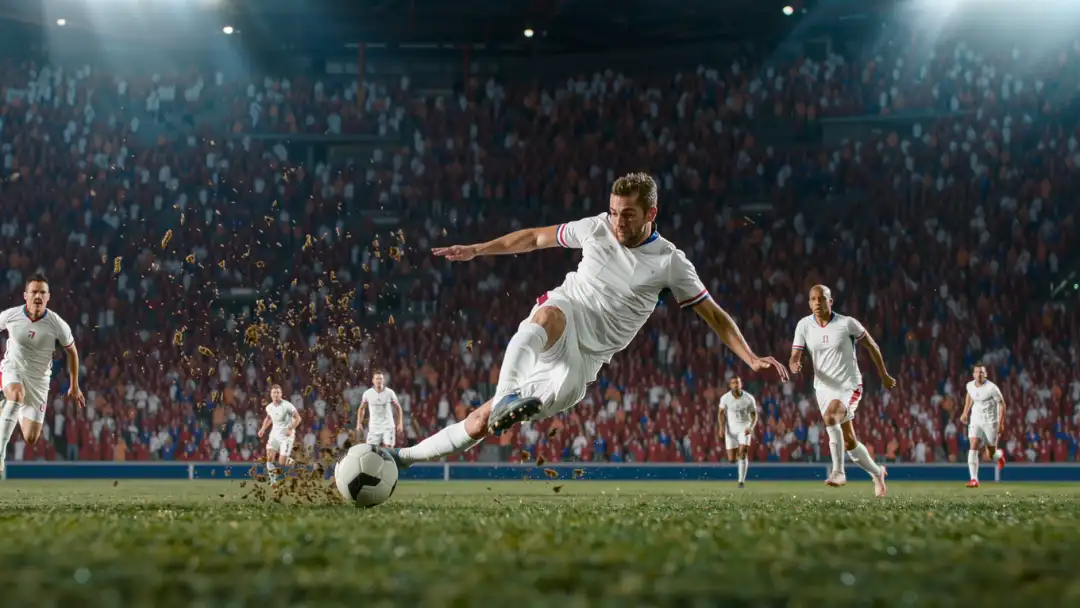 Midfielder in white winning the ball with a crunching tackle in a colossal American stadium