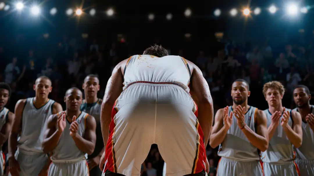Exhausted player bent over with hands on knees as teammates applaud from the bench