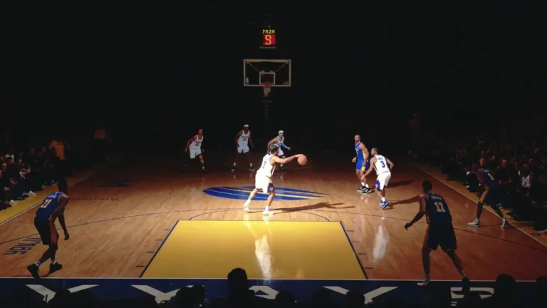 Ball handler isolated by a spotlight at the top of the key as the defense loads toward him