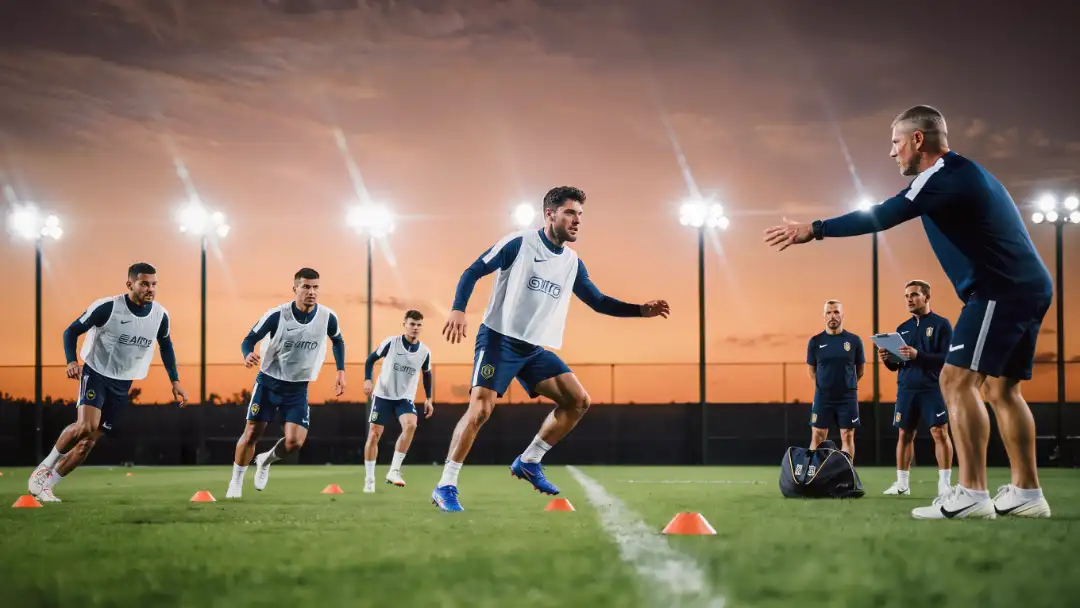 National team training camp drill at dusk with players weaving between cones