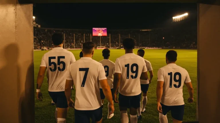 National team squad walking out of a stadium tunnel toward a floodlit pitch at night