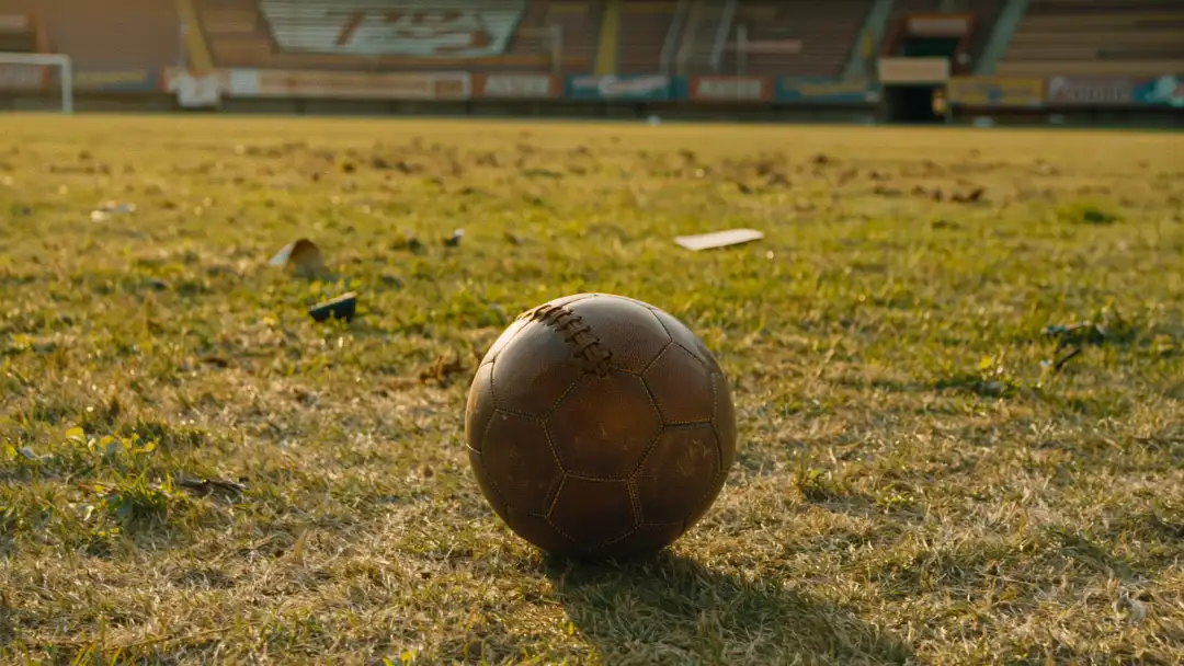 Vintage brown leather soccer ball resting on worn stadium grass