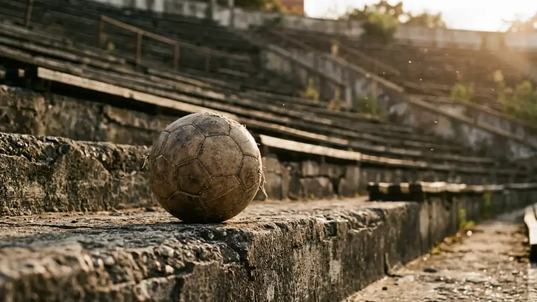 Vintage leather soccer ball on weathered concrete stadium steps