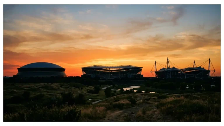 Three different stadium silhouettes on the horizon at sunset