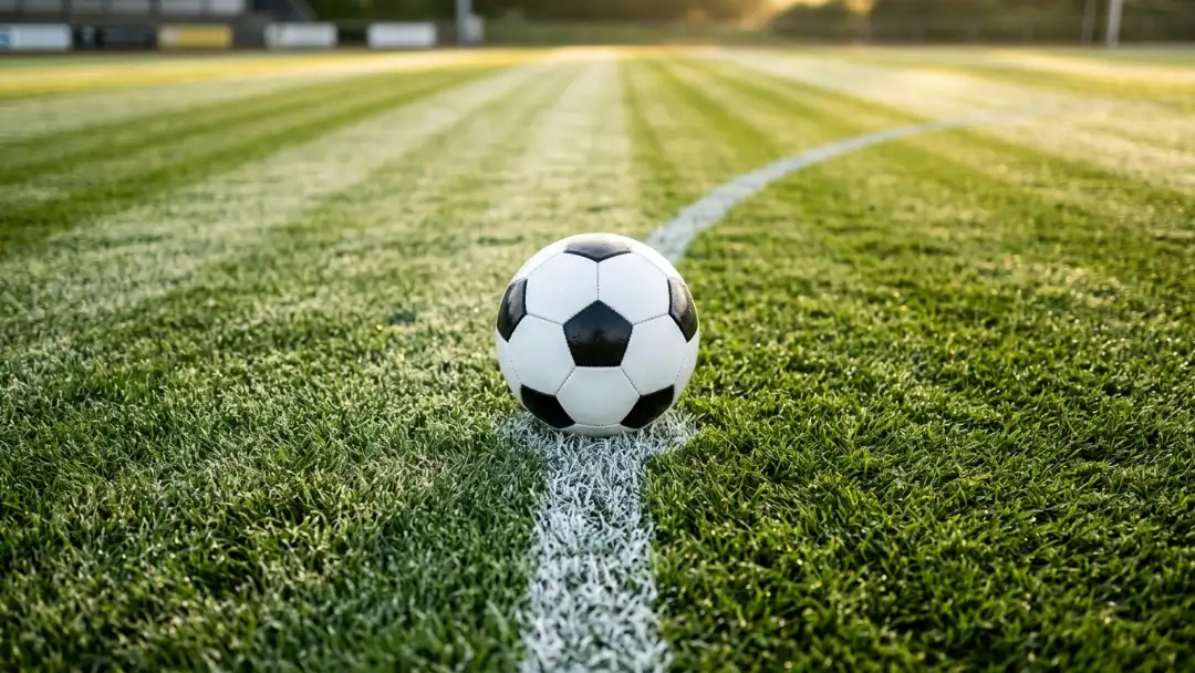 Soccer ball on the center circle line of a striped pitch