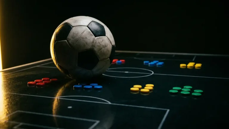 Forty-eight colored markers arranged in twelve groups of four around a soccer ball on a dark tactics table