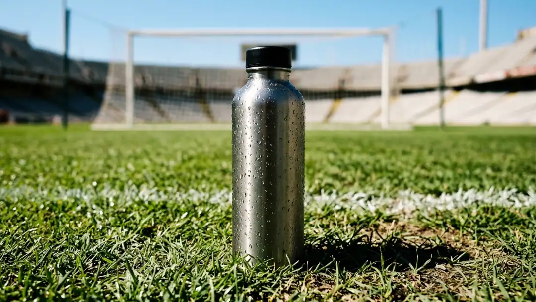 Cold water bottle with condensation on sideline grass