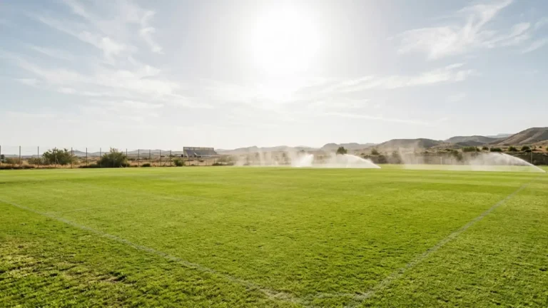 Heat haze shimmering over an empty pitch under a blazing midday sun