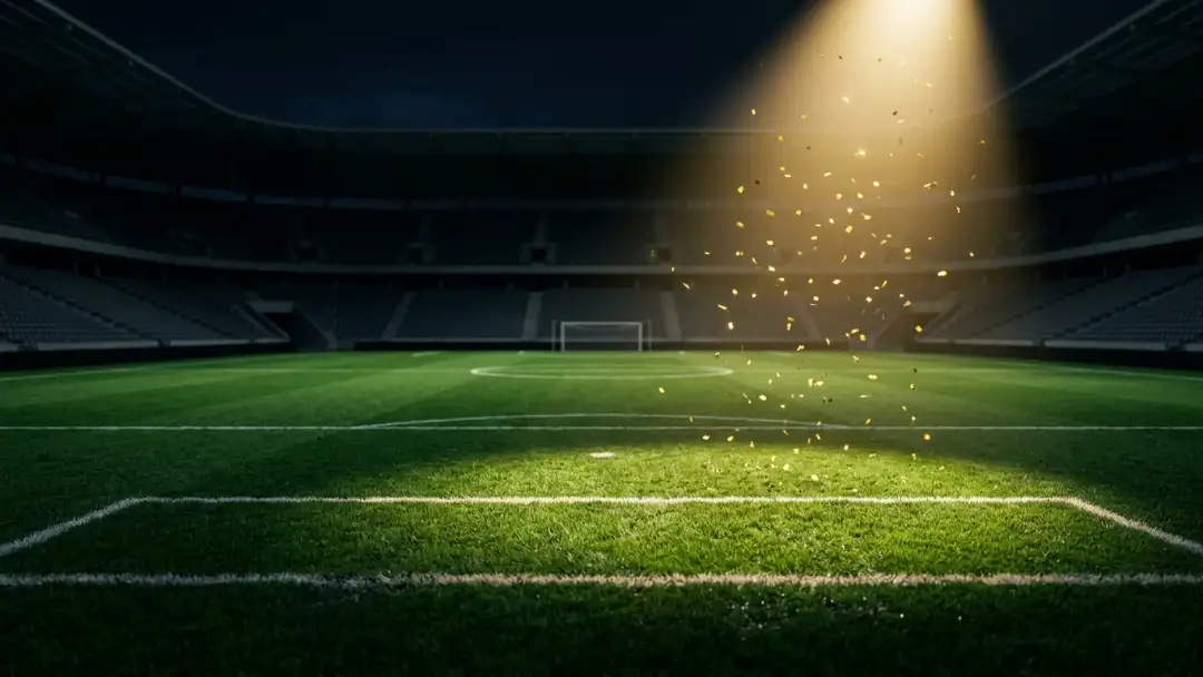 Golden confetti drifting through a spotlight over an empty pitch