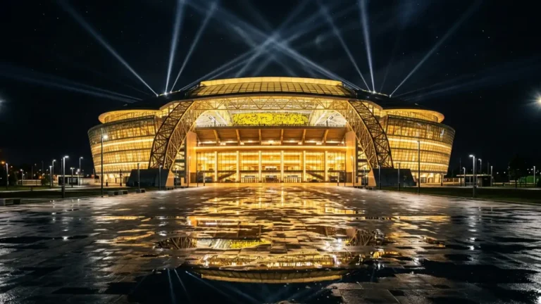 Giant steel and glass stadium glowing gold on a championship night