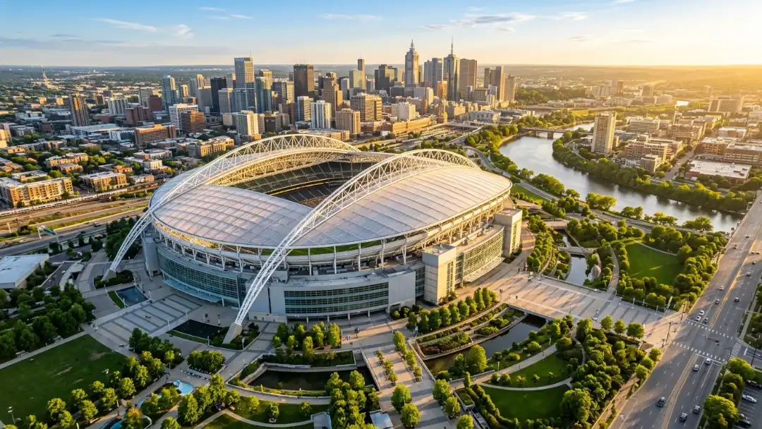 Aerial view of a modern North American stadium at golden hour