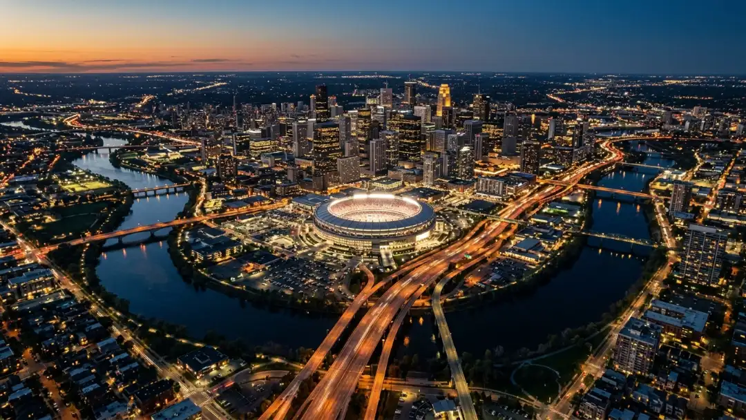 Aerial view of a city skyline with a glowing stadium in the distance