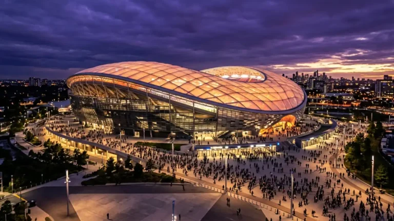 Colossal modern stadium glowing at twilight as distant crowds stream toward the gates