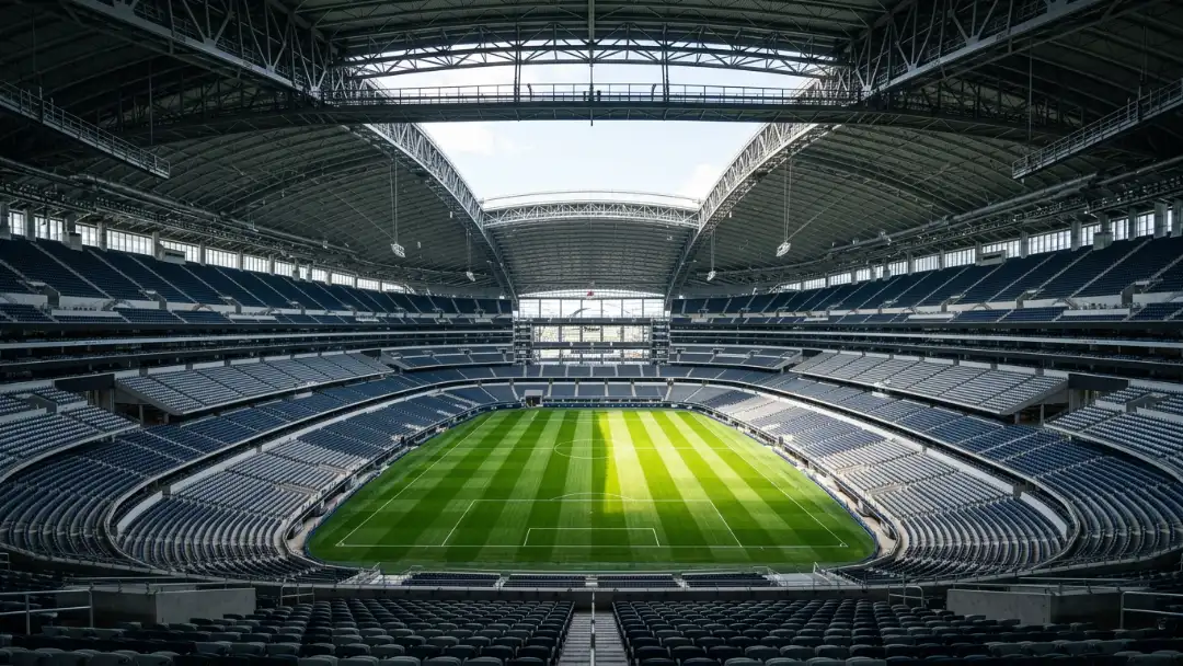 Stadium interior with a retractable roof half open