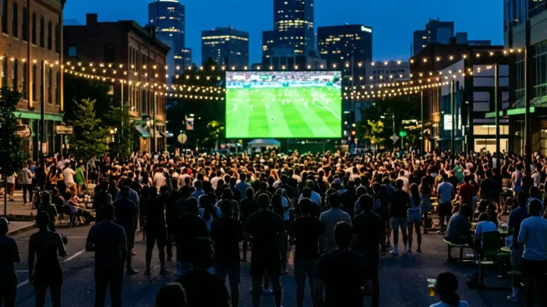 Crowd silhouetted in front of a giant glowing outdoor screen at blue hour