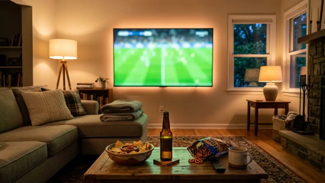 Living room at dusk with a TV glowing from a soccer broadcast