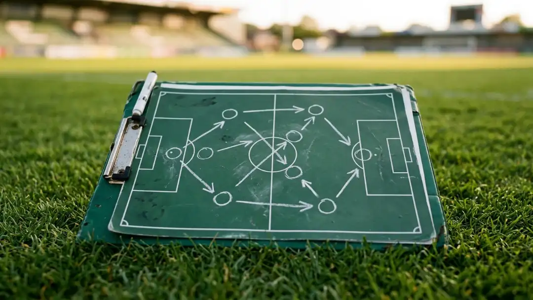 Coaching clipboard with sketched markings on stadium grass