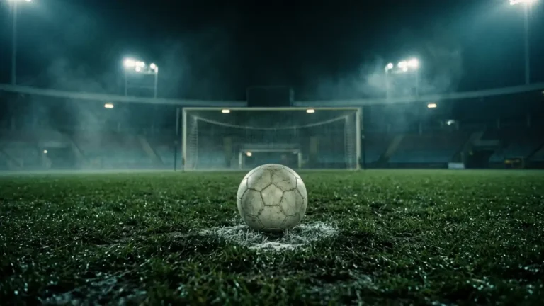Lone soccer ball on the penalty spot of an empty floodlit stadium at night