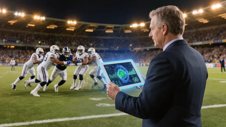 Sideline analyst with a glowing tablet of charts as a football play unfolds behind