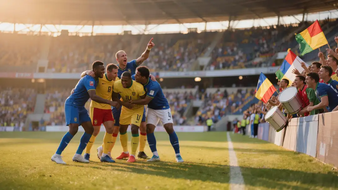Players of a debutant nation kneel and embrace after the final whistle of their first World Cup match