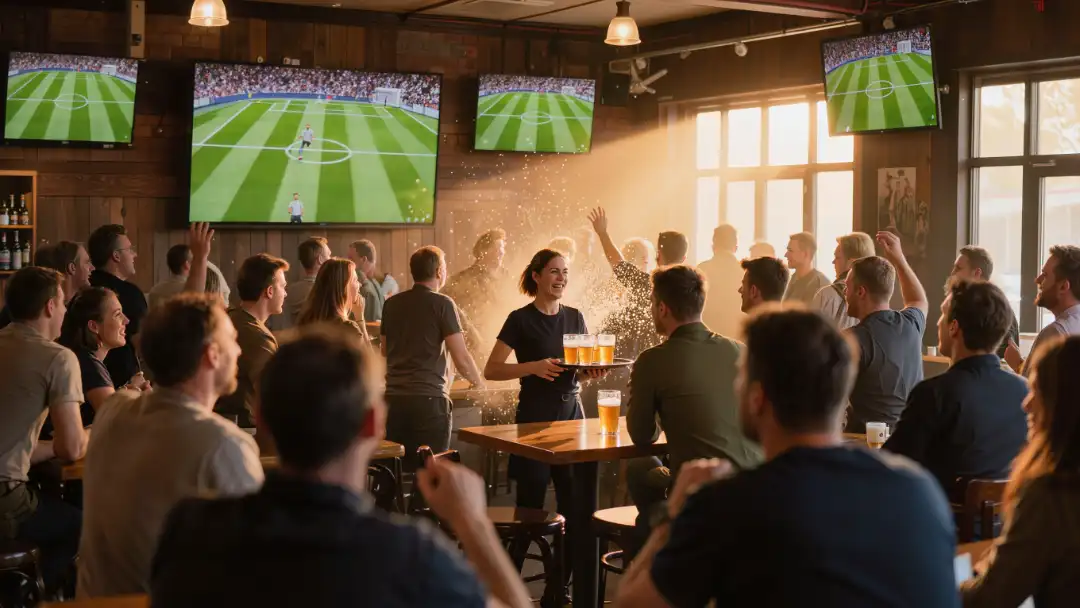 A packed sports bar reacts in unison to a near-goal during an afternoon World Cup broadcast
