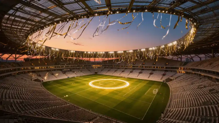 Grand stadium at dusk decorated for a final with gold and white streamers