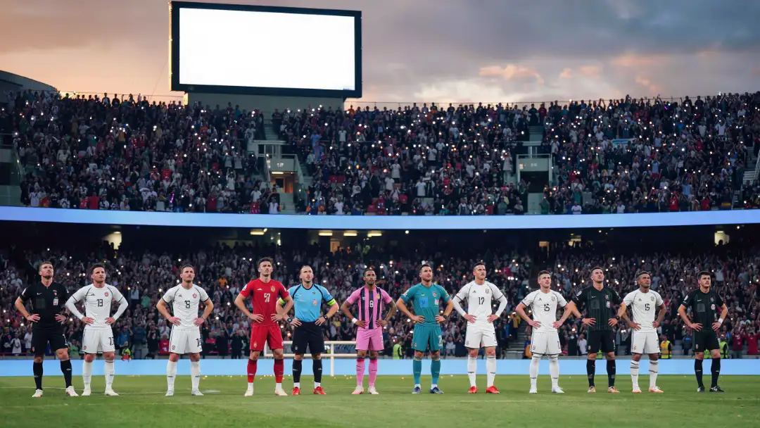 Two exhausted teams lined up at full time staring at a glowing stadium screen