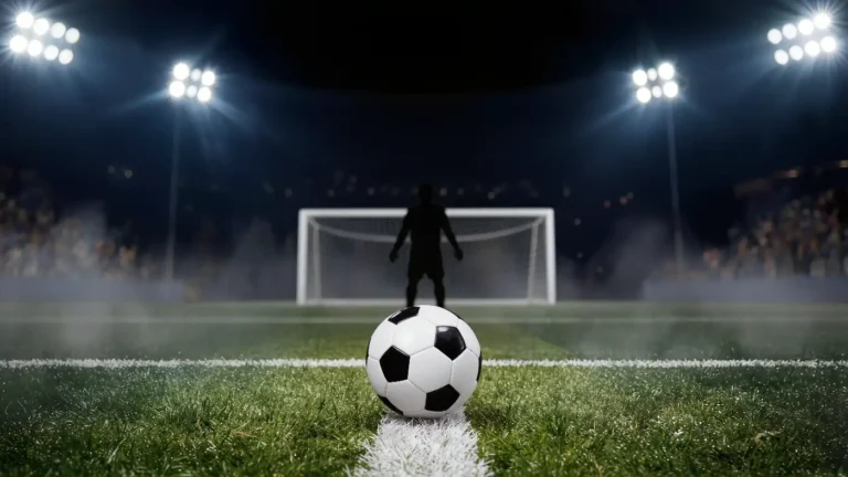 Soccer ball on the penalty spot at night with goalkeeper silhouette in the distance