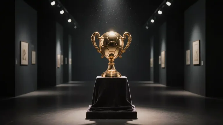 Golden soccer trophy displayed on a pedestal in a dim museum hall