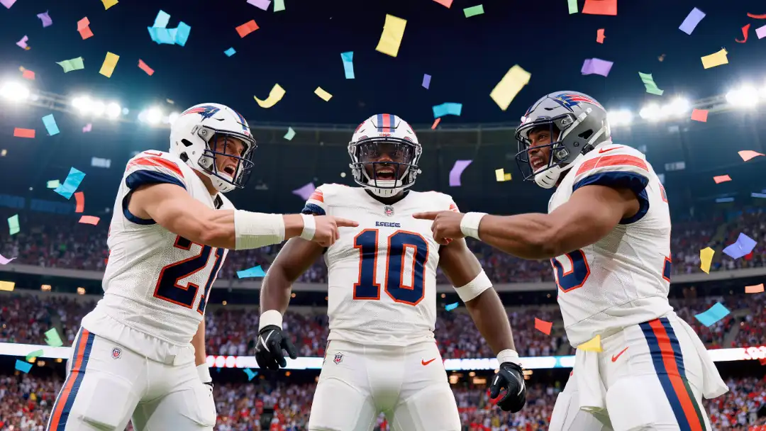 Three receivers celebrating a touchdown as the stadium erupts